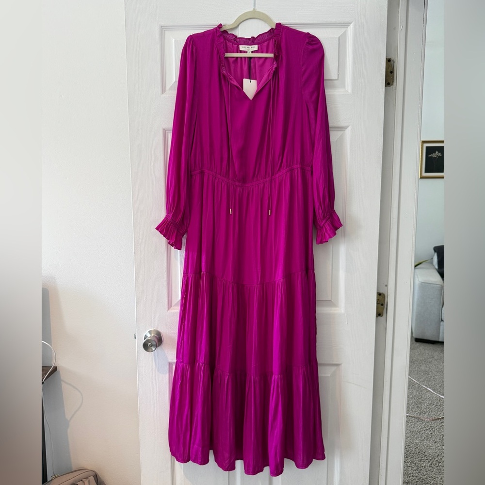 Fuchsia pink split neck maxi dress